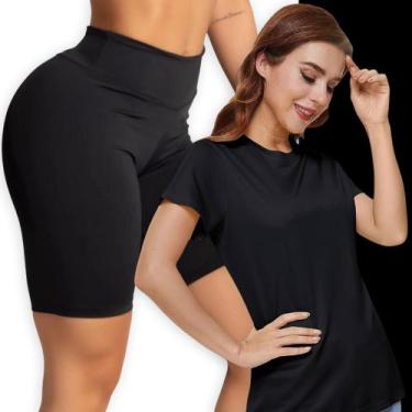 Imagem de Kit Short Legging BÁSICO Cós Alto + Camiseta Corrida Academia Fitness 