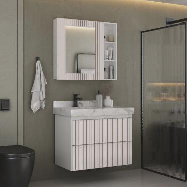 Imagem de Conjunto para Banheiro Lavatório em Porcelanato com Cuba Esculpida, Gabinete e Espelheira Ripy