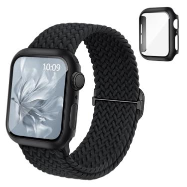 Imagem de Pulseira elástica trançada compatível com relógio Apple e capa de 40 mm, 41 mm, 42 mm, 44 mm, 45 mm, 46 mm, pulseira elástica de nylon e capa protetora com protetor de tela para Apple Watch séries 11