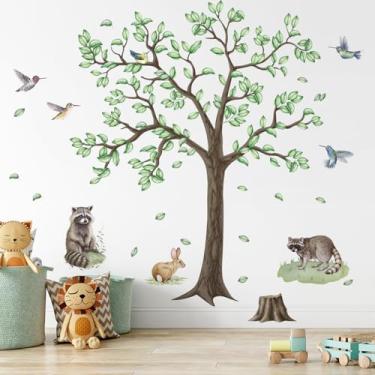 Imagem de Decalques de parede de árvore verde grande floresta animais coelho adesivos de parede aquarela natureza plantas verdes grama arte de parede removível colorido pássaros voadores descascar e colar papel