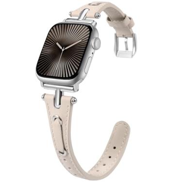 Imagem de Minyee Pulseira de couro compatível com Apple Watch Ultra 2 de 41 mm, 40 mm, 38 mm, 44 mm, 45 mm, 42 mm, 49 mm, ultrafina, vintage, com cordão elegante e fivela de metal em forma de T para Apple Watch
