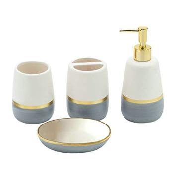Imagem de Generic Conjunto De Acessórios Para Banheiro Cinza Dourado 4 Peças, Cerâmica Cinza, Decoração Bancada, Organizador, Inclui Porta-Escovas Dentes, Dispensador Sabonete, Porta-Copos, Copo, Melhor Prese