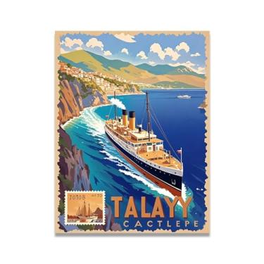 Imagem de Pôster retrô de viagem costeira vintage italiano a vapor impressão em tela - Carimbo de papel envelhecido 80 x 104 cm