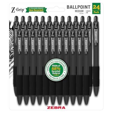 Imagem de Zebra Pen Canetas esferográficas retráteis recicladas Z-Grip, 1,0 mm, tinta preta, clipe de metal durável, 68% recicladas, pacote com 24 (20314)