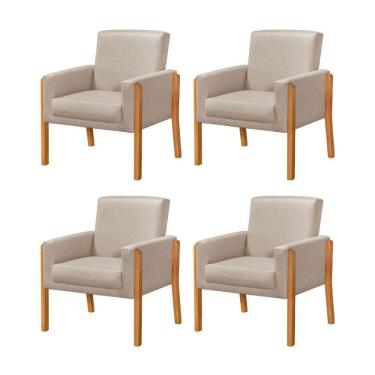 Imagem de Kit 4 Poltronas Sala De Espera Pés Em Madeira Santorini Linho Bege - Bege