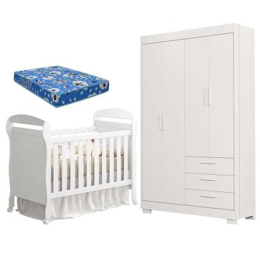 Imagem de Berço Americano Danny e Guarda Roupa Infantil Zaki Branco Acetinado com Colchão Ortobom - Reller
