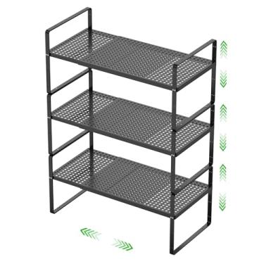 Imagem de SOFRON Prateleira de armazenamento expansível para armário empilhável rack organizador para cozinha banheiro despensa armário de especiarias bancada de café casa escritório mesa resistente antiderrapante preto grande 3 pacotes