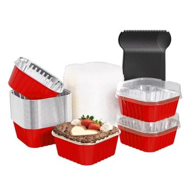 Imagem de Ksmxos Pacote com 25 mini formas de bolo quadradas com tampas, mini formas de pão com tampas, copos de folha de alumínio, copos descartáveis de cupcake, copos de sobremesa para piqueniques de festa de