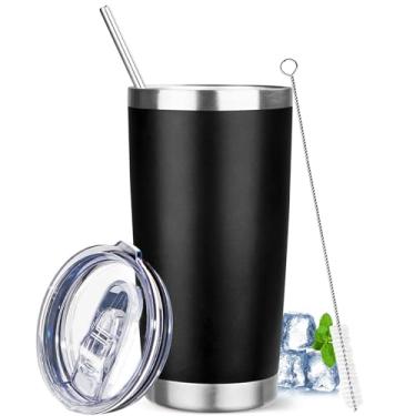 Imagem de YEBTS Life Copo de 590 ml com tampas e canudos, caneca de café de viagem com isolamento de aço inoxidável, copos isolados a vácuo de parede dupla, copo de café revestido em pó para bebidas frias e