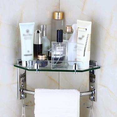 Imagem de Prateleira De Vidro Para Banheiro De Canto, Toalheiro De Aço Inoxidável Prateado - Canto Do Chuveiro Prateleira De Vidro - Prateleira De Banheiro Elegante E Prática Por Prateleir, 2 tier