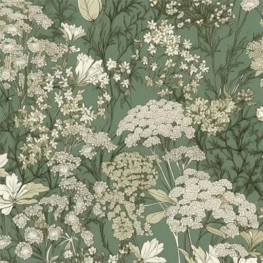 Imagem de MuralPeel Grama verde branco flores silvestres prado do bebê plantas vintage descascar e colar papel de parede autoadesivo removível fácil de descascar no papel de parede para armário de quarto