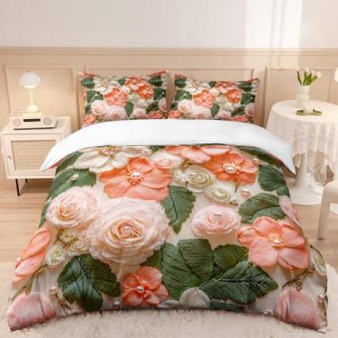 Imagem de AILONEN Lindo conjunto de capa de edredom floral rosa para crianças, meninas, conjunto de cama de flores estéticas, tamanho Queen, tema planta pérola para amantes de gatos, 3 peças, 1 capa de colcha e