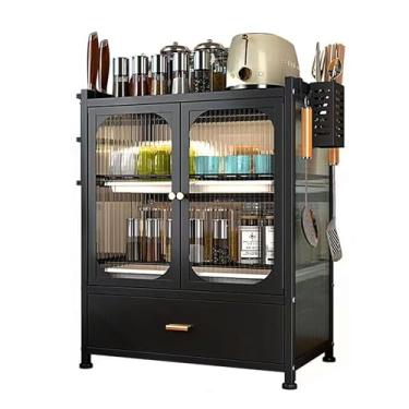 Imagem de FAQINZYUAN Bancada de cozinha com gavetas, escorredor de louça, porta dupla à prova de poeira multifuncional armário de armazenamento de cozinha adequado para cozinhas e restaurantes (preto)