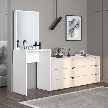 Imagem de Cômoda Penteadeira 6 Gavetas com Espelho Porto Creme/Branco