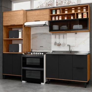 Imagem de Cozinha Compacta Sophie 7 Portas 3 Gavetas com Vidro 100% Mdf Freijo/Nero - Pnr Móveis