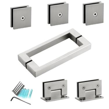 Imagem de MCOCOD Kit de ferragens para porta de chuveiro para portas articuladas em linha sem moldura, inclui dobradiças, alças quadradas e grampos, para vidro de 5/40.6 cm a 3/20.3 cm, adequado para banheira