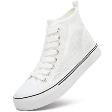 Imagem de ZGR Tênis feminino de cano alto com flores bordadas, sapatos casuais de lona de malha respirável, tênis de verão branco para mulheres, Branco, 40