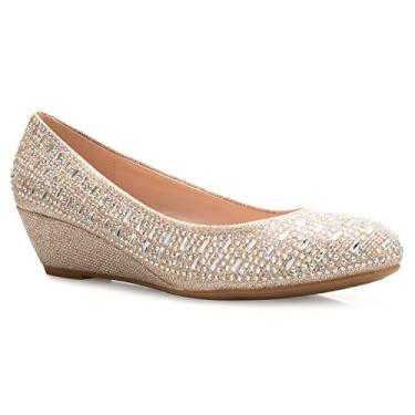 Imagem de Olivia K Sapato feminino fechado bico redondo baixo com glitter e strass confortável, Glitter champanhe, 5.5