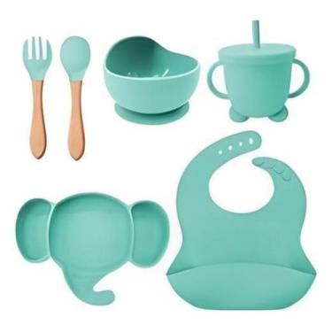 Imagem de Kit Alimentação Bebê Silicone Prato Copo Pote - Verde-Claro - Kadê
