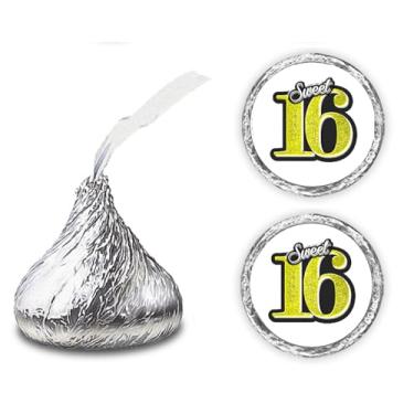 Imagem de Adesivos Sweet 16 Kisses (conjunto de 216) 16 adesivos de gotas de chocolate de aniversário para aniversário de 16 anos, decoração de lembrancinhas de festa de beijos da Hershey, Amarelo