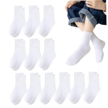 Imagem de Meias de algodão infantis, 12 pares de meias macias respiráveis antiderrapantes até o meio da panturrilha para crianças, meninos, meninas, estudantes de 9 a 13 anos de idade