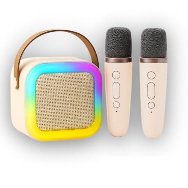 Imagem de Karaokê Infantil Portátil com LED, Caixa de Som Bluetooth, 2 Microfones Sem Fio, Recarregável, Modos de Voz Divertidos (Bege)