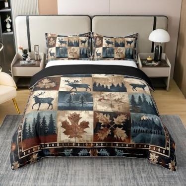 Imagem de jejeloiu Capa de edredom asteca 100% algodão Queen Size outono americano sudoeste nativo rústico cabana veado conjunto de cama floresta capa de edredom acampamento fazenda decoração 3 peças (sem