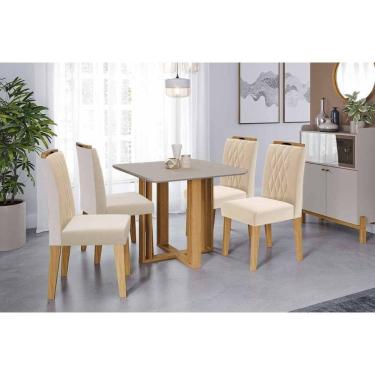 Imagem de Conjunto: Mesa de Cozinha Flora Tampo Madeirado c/ Vidro 95x95cm e 4 Cadeiras Juliana Cinamomo/Off White - Carvalho/Suede Nude Bege - Cimol