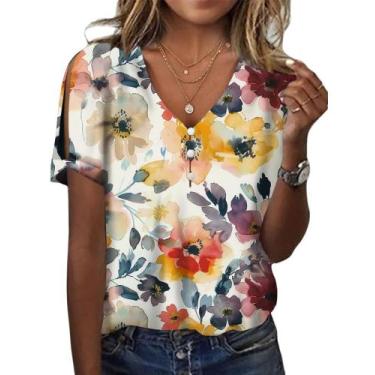 Imagem de Blusa feminina HOTYD com estampa floral boho, decote em V, ombro frio
