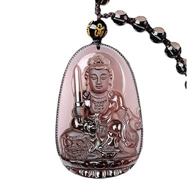Imagem de HLbshi Colar 100% obsidiana de gelo natural Natal Buda Guan Yin bodhisattva amuleto da sorte corrente com pingente de contas, Gema, Obsidiana