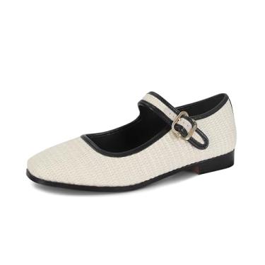 Imagem de DOEYG Sapatilhas de balé de malha para mulheres, leopardo, estampa animal, Mary Jane, sapatos rasteiros, vestido de bico quadrado, casual, confortável, de veludo, sapatos de bailarina, Raffia branca