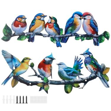 Imagem de 2 peças de arte de parede de pássaros ao ar livre, decoração de pássaro no galho, decoração de parede de pássaro de metal vívida para varanda cerca jardim externo interno