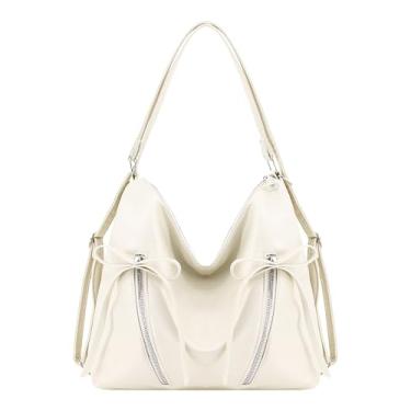 Imagem de Naimo Bolsa de ombro feminina de couro grande bolsa Hobo elegante bolsa vintage, Laço branco
