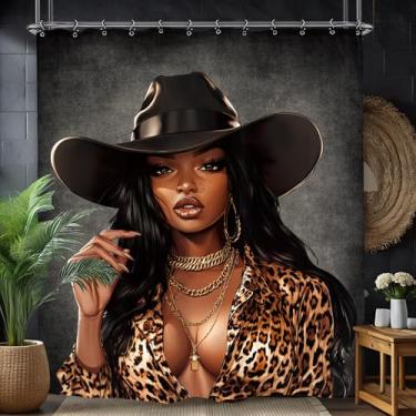 Imagem de Yookeb Cortina de chuveiro de banheiro afro-americana 152 cm por 188 cm preta menina mulher leopardo sexy vaqueira ocidental tecido de poliéster 12 ganchos de plástico à prova d'água decoração