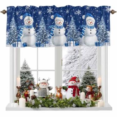 Imagem de Cortina de boneco de neve de Natal azul para janelas, floco de neve de inverno, árvore de Natal, azul marinho, com bolso para varão, tratamentos de janela, cortinas curtas para cozinha, sala de estar