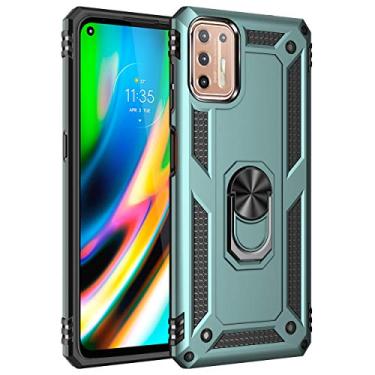 Imagem de SORAKA Capa para Motorola Moto G9 Plus com suporte de anel capa armadura Motorola Moto G9 Plus capa traseira de policarbonato rígido com placa de metal para suporte magnético de telefone carro verde