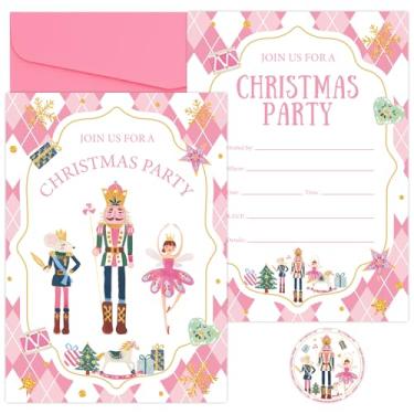 Imagem de Whaline Pacote com 25 Convites de Festa de Natal Natal Rosa Aquarela Quebra-Nozes Convites em Branco Convites com Envelopes Adesivos para Festas de Férias