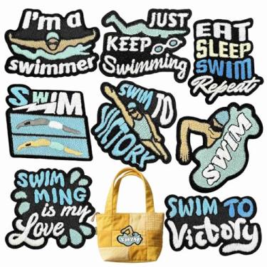 Imagem de Patch de verão para entusiastas de natação, 8 peças, letras para amantes do esporte, ferro a ferro, costurar, emblema bordado para roupas de nadador, jaqueta, jeans, mochilas