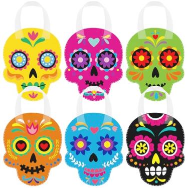 Imagem de Sweetude 24 peças de lembrancinhas de festa Dia dos Mortos crânio de açúcar não tecido reutilizável doces presentes presentes sacos com alças para Halloween Dia de Los Muertos decorações de festa