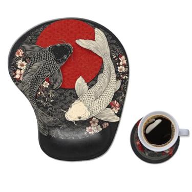 Imagem de Mouse pad ergonômico com descanso de pulso, tapete de mouse de gel confortável para computador, suporte de pulso para laptop, mouse para alívio da dor com base de poliuretano antiderrapante Koi Fish