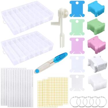 Imagem de Yuahar Kit organizador de fio dental com 265 peças, 2 caixas removíveis de armazenamento de fios de 24 grades com 250 bobinas de plástico, 2 enroladores de bobina e adesivos para costura de linha de