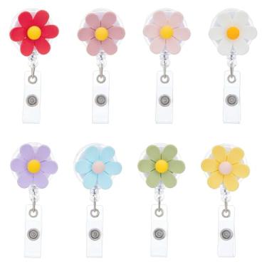 Imagem de SUPERFINDINGS 8 peças, 8 cores, carretel retrátil de flores, porta-crachás de enfermeira com clipe de flor, porta-cartões de identificação, clipe retrátil para professores, enfermeiras, médicos