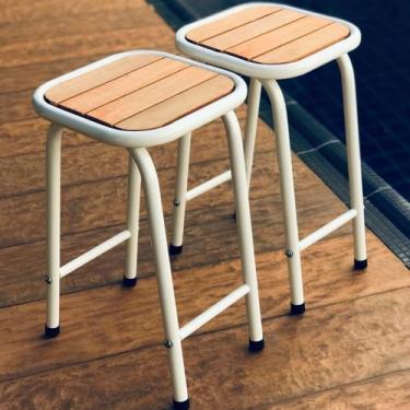 Imagem de Kit 2 Banquinhos De Aço E Madeira Branco Altura 46 Cm - MetalCromo