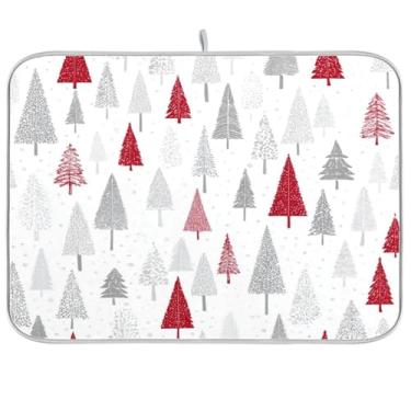 Imagem de Kcldeci Tapete de secagem de pratos para balcão de cozinha, tapete de secagem de pratos, tapete de secagem vermelho de árvore de prata de Natal para máquina de café, escorredor de louça, 41 x 45 cm
