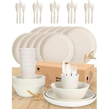 Imagem de OAMCEG Conjunto de louça de palha de trigo, 42 peças, conjunto de pratos e tigelas de plástico de palha de trigo, conjunto de cozinha para 6, inquebrável, lava-louças, micro-ondas, prato de cozinha,