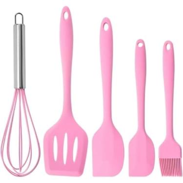 Imagem de Kit 5 Utensílios de Cozinha em Silicone com Fuê Espátulas Pincel Colher e Batedor Resistente ao Calor (Rosa)