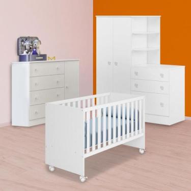 Imagem de Berço Retro, Guarda Roupa Cômoda e Cômoda Sapateira Branco - Qmovi