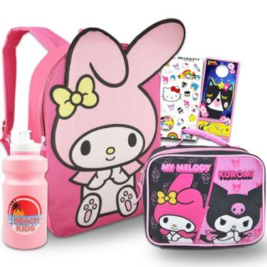 Imagem de Conjunto de mochila e lancheira My Melody para meninas - Pacote com mochila My Melody de 40,6 cm, lancheira, garrafa de água, adesivos, mais | Conjunto de mochila Hello Kitty and Friends