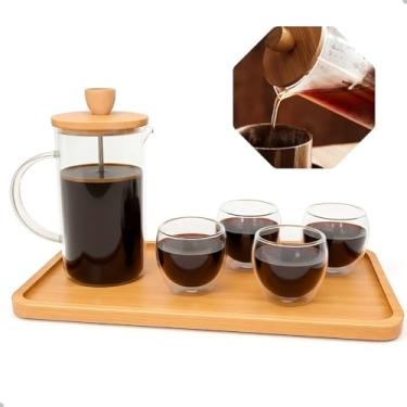 Imagem de Conjunto de Prensa Francesa de Vidro 600ml com 4 Copos Borossilicato Parede Dupla 80ml e Bandeja Bambu, 28x18x1,3cm