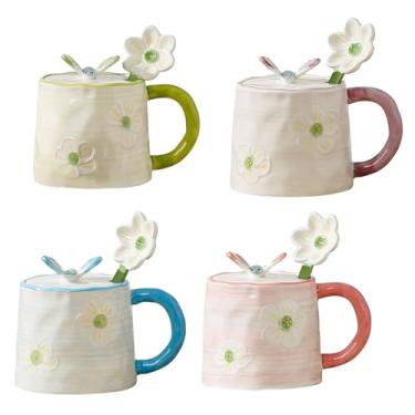 Imagem de LGQ Conjunto de canecas de café florais fofas de 118 a 340 g de cerâmica em relevo com alças de pétalas, podem ser lavadas na lava-louças e no micro-ondas